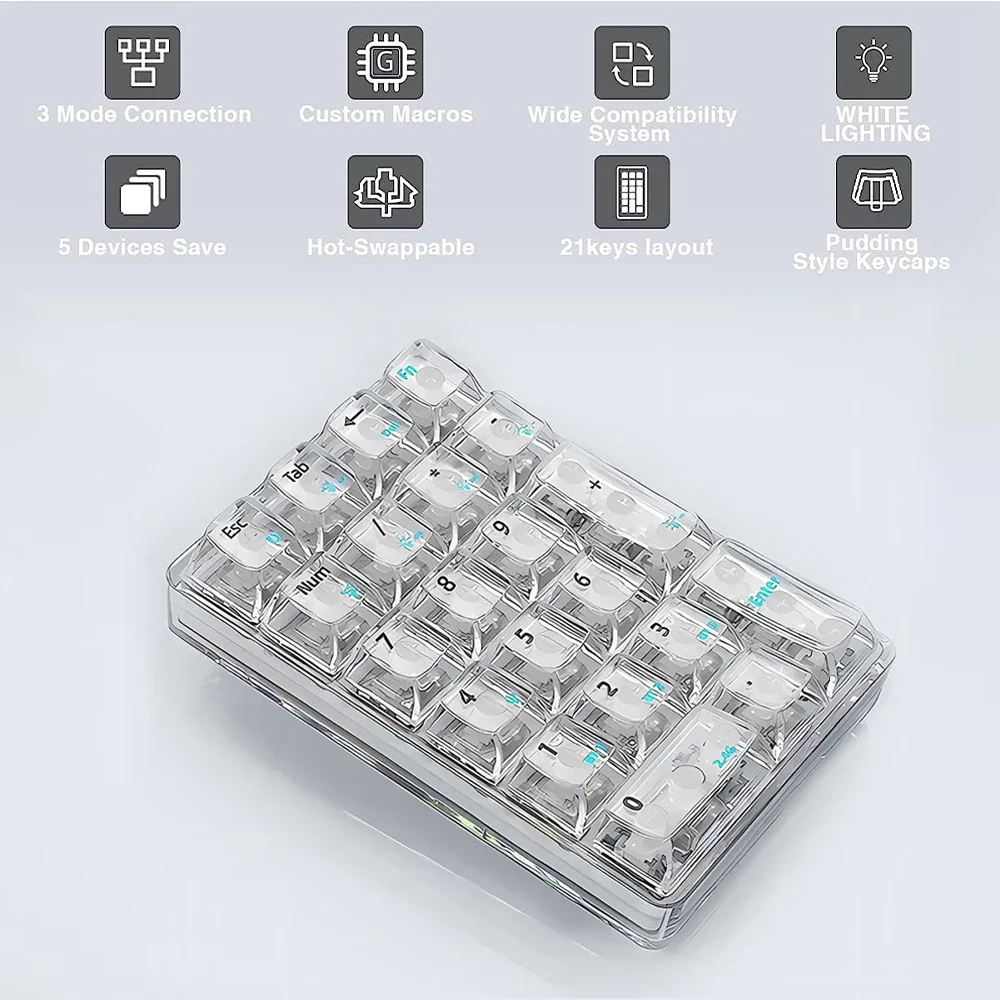 Teclado numérico inalámbrico AULA, retroiluminación blanca, teclado numérico transparente, teclado mecánico numérico inalámbrico Bluetooth de 21 teclas - imagen 3