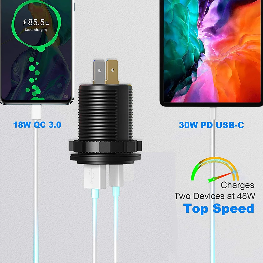 Toma de cargador de coche PD QC3.0 de 60W con medidor de voltaje, toma de corriente de carga rápida 3,0 para motocicleta, camión y barco de 12V/24V - imagen 5