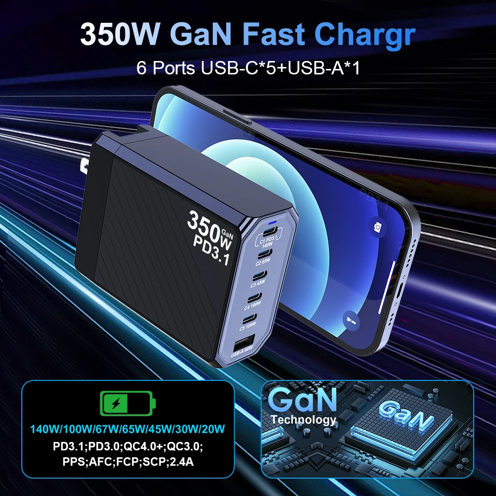 Cargador PD3.1 de 350W, estación de carga rápida de escritorio GaN3, adaptador de corriente USB tipo C PD PPS de 140W para MacBook Pro de 16 pulgadas, Samsung iPhone 15 - imagen 2