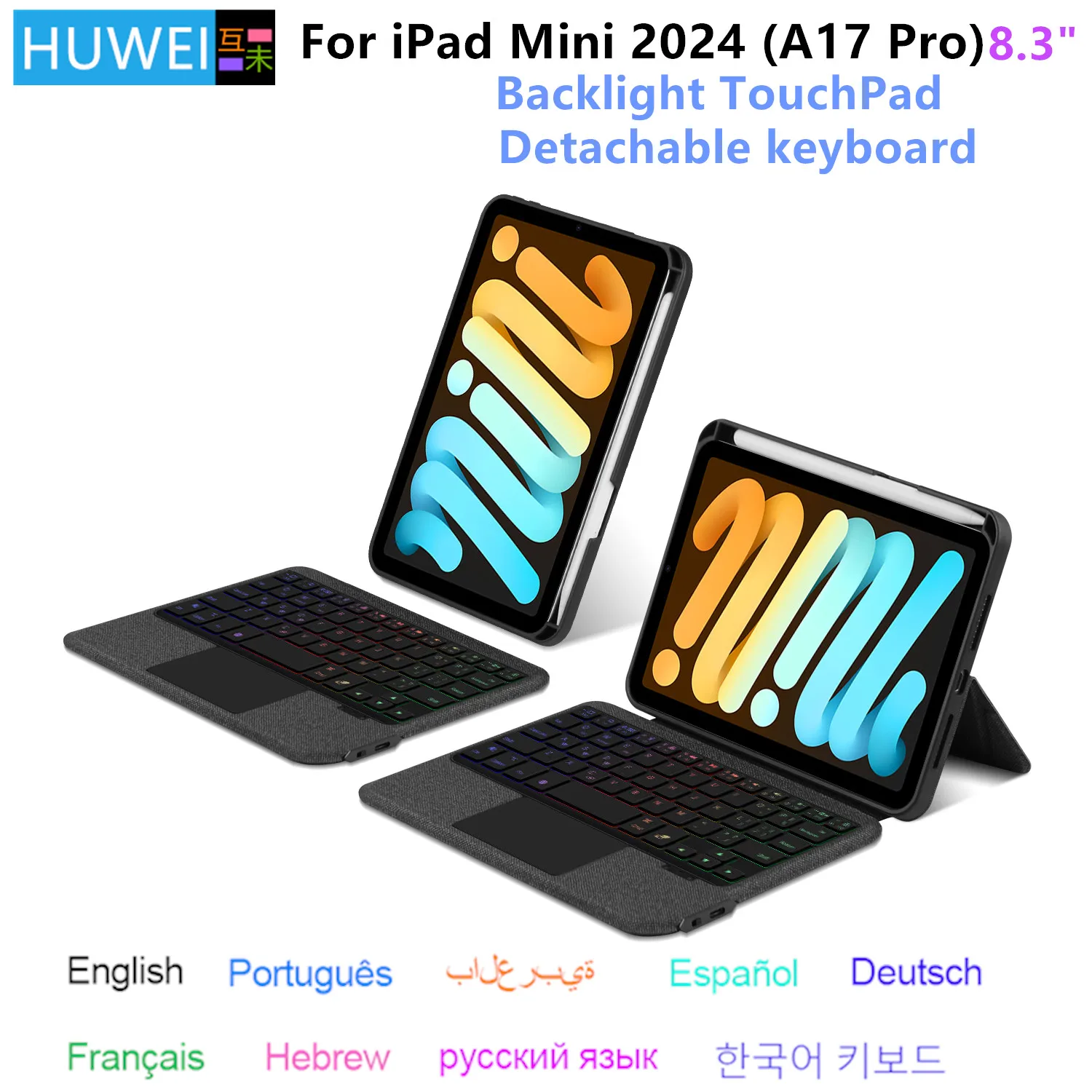 HUWEI teclado mágico con retroiluminación para iPad Mini 7, funda para iPad Mini 2024 A17 Pro, funda con soporte de 8,3 pulgadas, teclado inteligente con Trackpad - imagen 2
