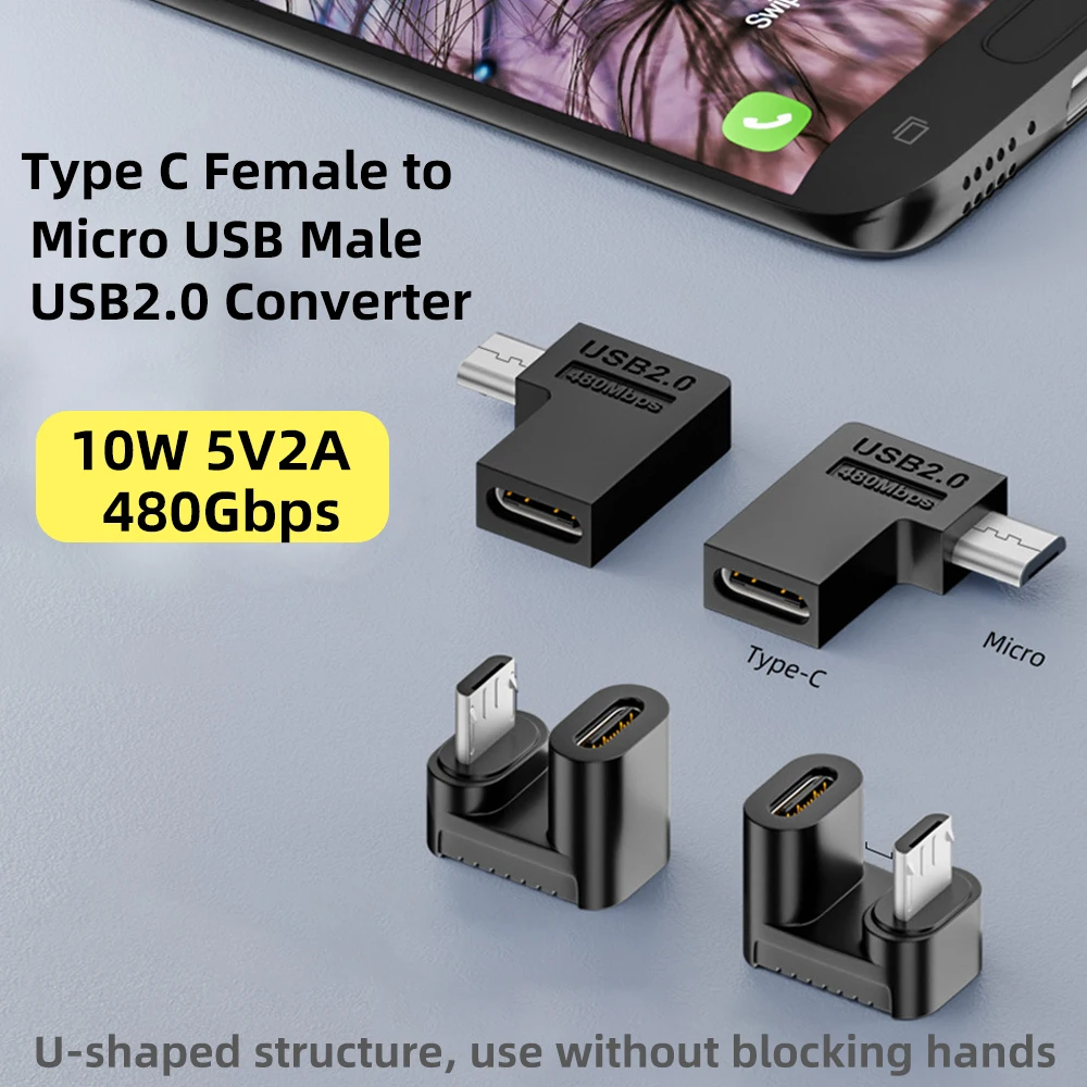 Adaptador hembra tipo C de 90 grados a Micro USB macho, convertidor de carga USB2.0 en forma de U 5V2A, conector de 10W 480Mbps para Xiaomi y Huawei