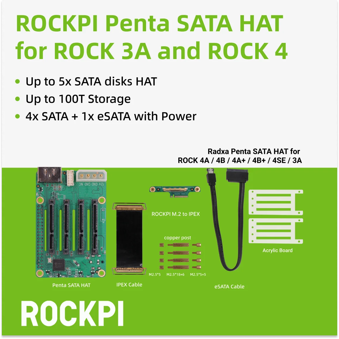 ROCKPI Penta SATA HAT - Hasta 5x discos SATA HAT para Raspberry Pi 5 y ROCK Pi SBCs,3C,5A, 4A / 4B / 4SE / 4A+ / 4B+ / 3A - imagen 2
