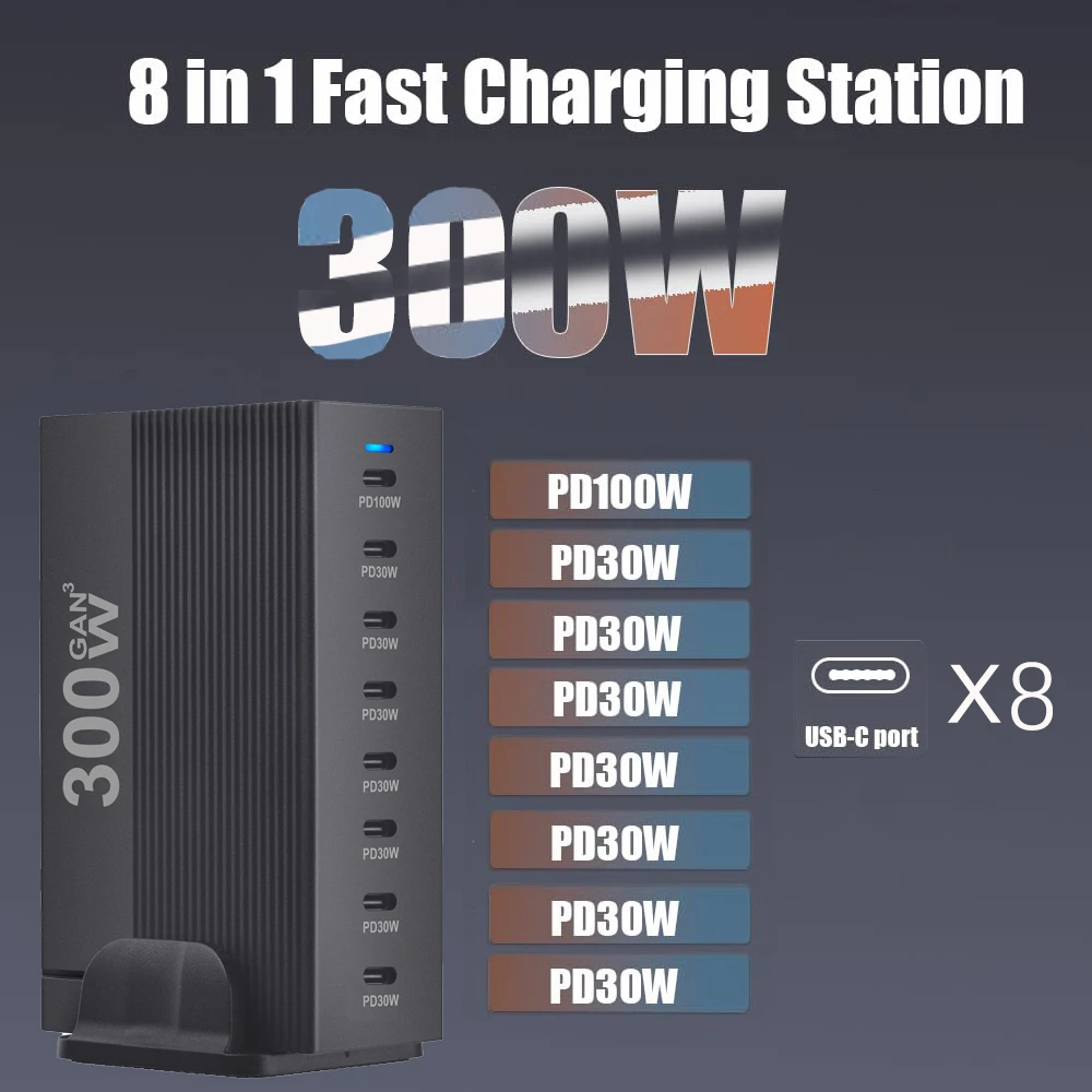 240W/300W GaN de escritorio de 8 puertos para cargador rápido de teléfonos móviles, adaptador de estación de carga rápida para Iphone/Samsung/Xiaomi, indicador LED