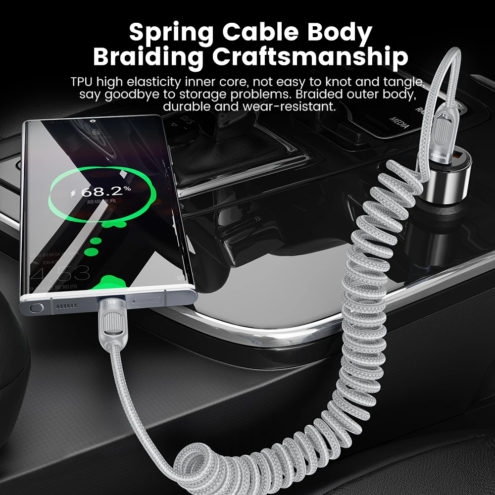 Toocki PD 60W USB C a USB C Cable de carga rápida tipo C Cable USB de resorte para coche para iPhone 17 16 15 Pro Max Xiaomi Samsung S23 SS24 - imagen 4