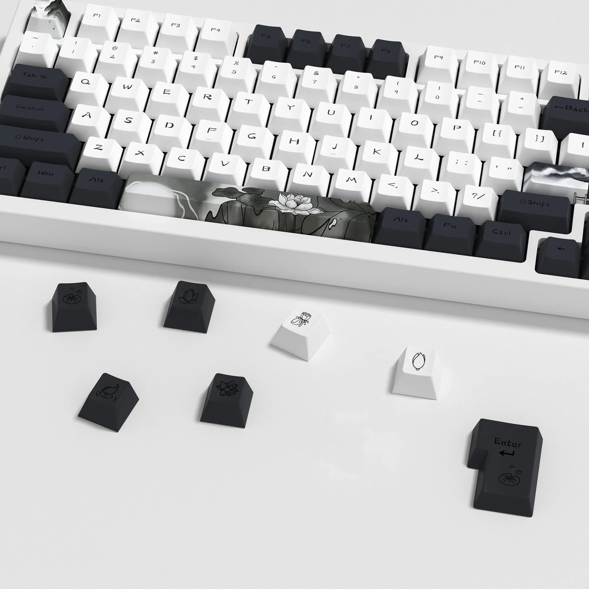 KBDiy 142 teclas/juego de teclas de loto de tinta para teclado mecánico PBT Cherry perfil personalizado Keycap para AK74 gx87 crush80 raven68 loco - imagen 2
