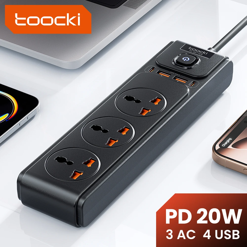 Toocki PD20W GaN tira de alimentación versátil 2500W Max toma Universal 3AC adaptador de enchufe UE Reino Unido EE. UU. toma de corriente Cable de extensión de 2M