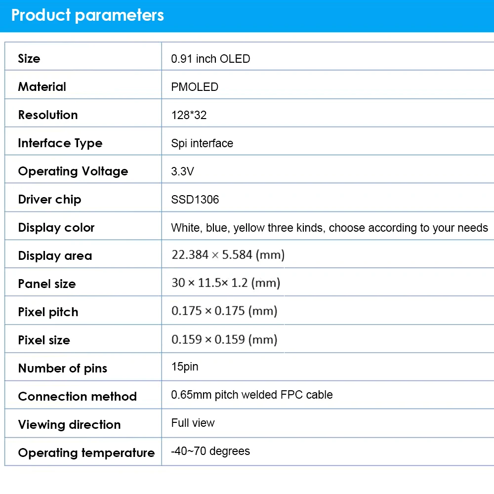 Pantalla OLED de 0,91 pulgadas, módulo de pantalla monocromática de 15 Pines, blanco y azul, puerto de pantalla LCD de 128x32, Ssd1306 - imagen 5