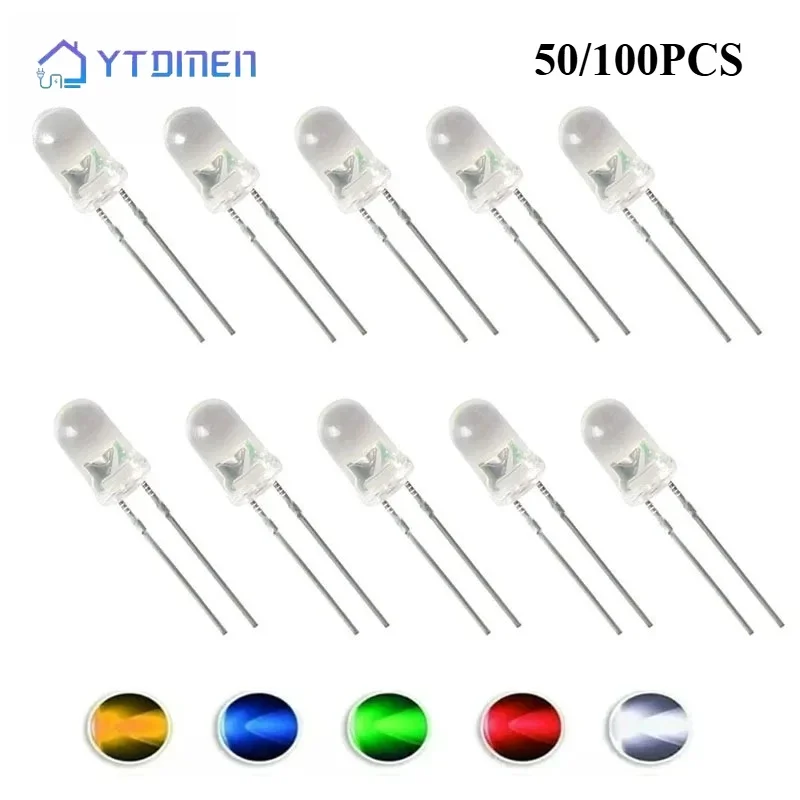 50/100 Uds F5 diodo LED diodos emisores de luz LED 5MM naranja/rojo/verde/azul/amarillo/blanco Kit de diodos surtidos Multicolor