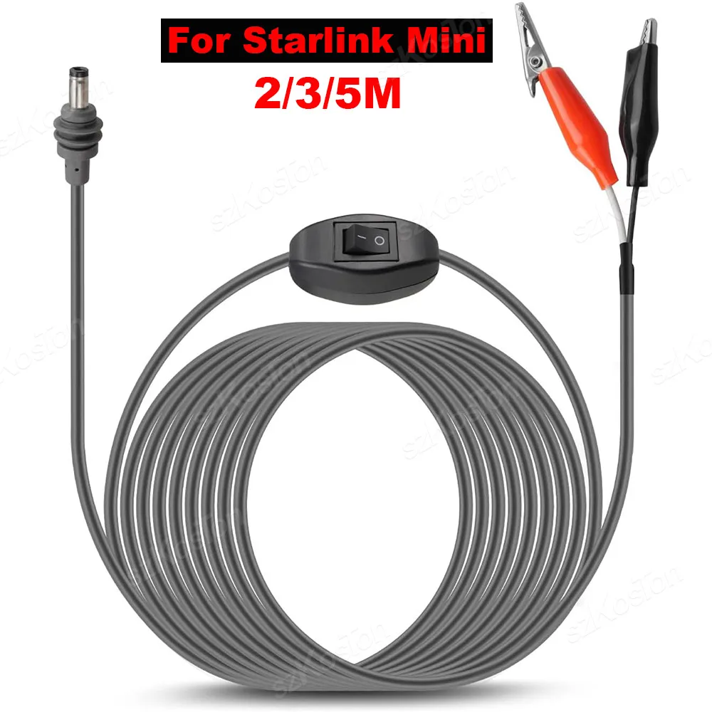 2/3/5M para Starlink Mini 12-48V Clip de cocodrilo a Cable de alimentación CC Cable de carga de 16AWG con interruptor y abrazaderas de cocodrilo