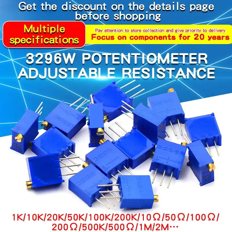 10 Uds 3296 Kit de potenciómetro recortador alta precisión 3296W resistencia Variable 10-1KOhm 10R 50R 1k 2k 5K 10K 20K 50K 100K 200k 500k