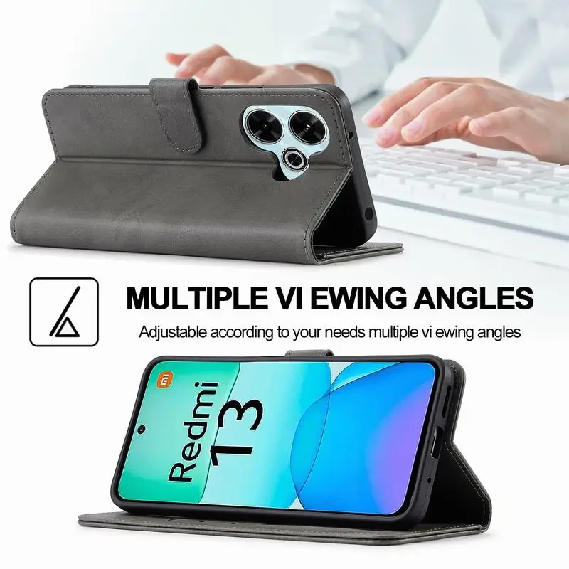 Funda de cuero magnética con ranura para tarjeta para Xiaomi Redmi 13 4G, carcasa con tapa para teléfono, Funda con soporte - imagen 5
