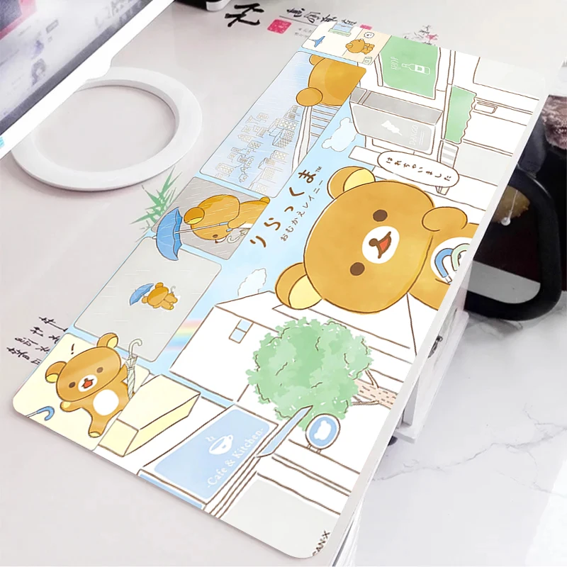 Alfombrilla grande para ratón Korilakkuma Rilakkuma, alfombrilla de escritorio de dibujos animados de Anime, accesorios de oficina Kawaii, alfombrilla para teclado extendida, alfombra antideslizante