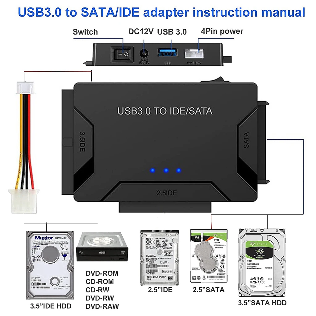 Adaptador SATA/IDE a USB 3,0, convertidor de Cable adaptador de disco duro para SATA de 2,5/3,5 pulgadas y IDE HDD, compatible con 6TB para PC Macbook - imagen 2