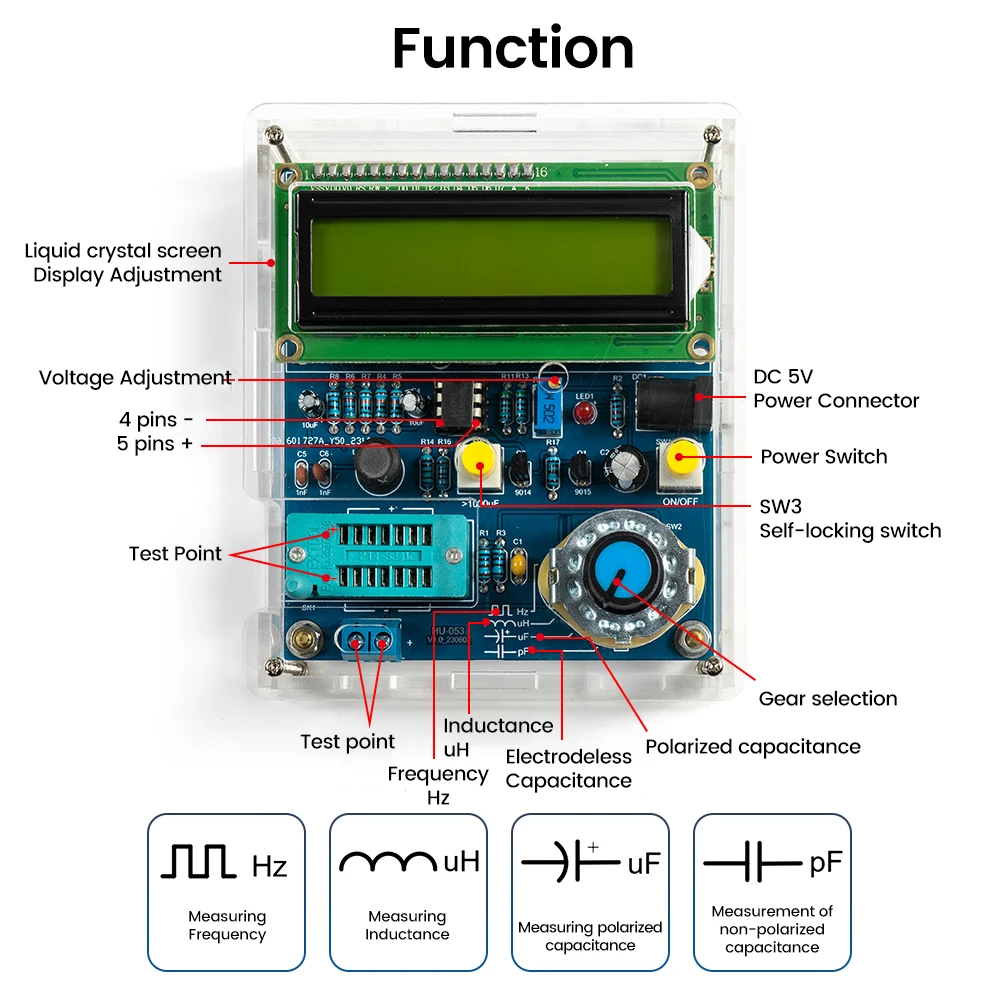 Probador de transistores de alta precisión DC 5V, Kits de bricolaje, placa de circuito de soldadura, inductancia, capacitancia, medidor de frecuencia, Kit electrónico DIY - imagen 4