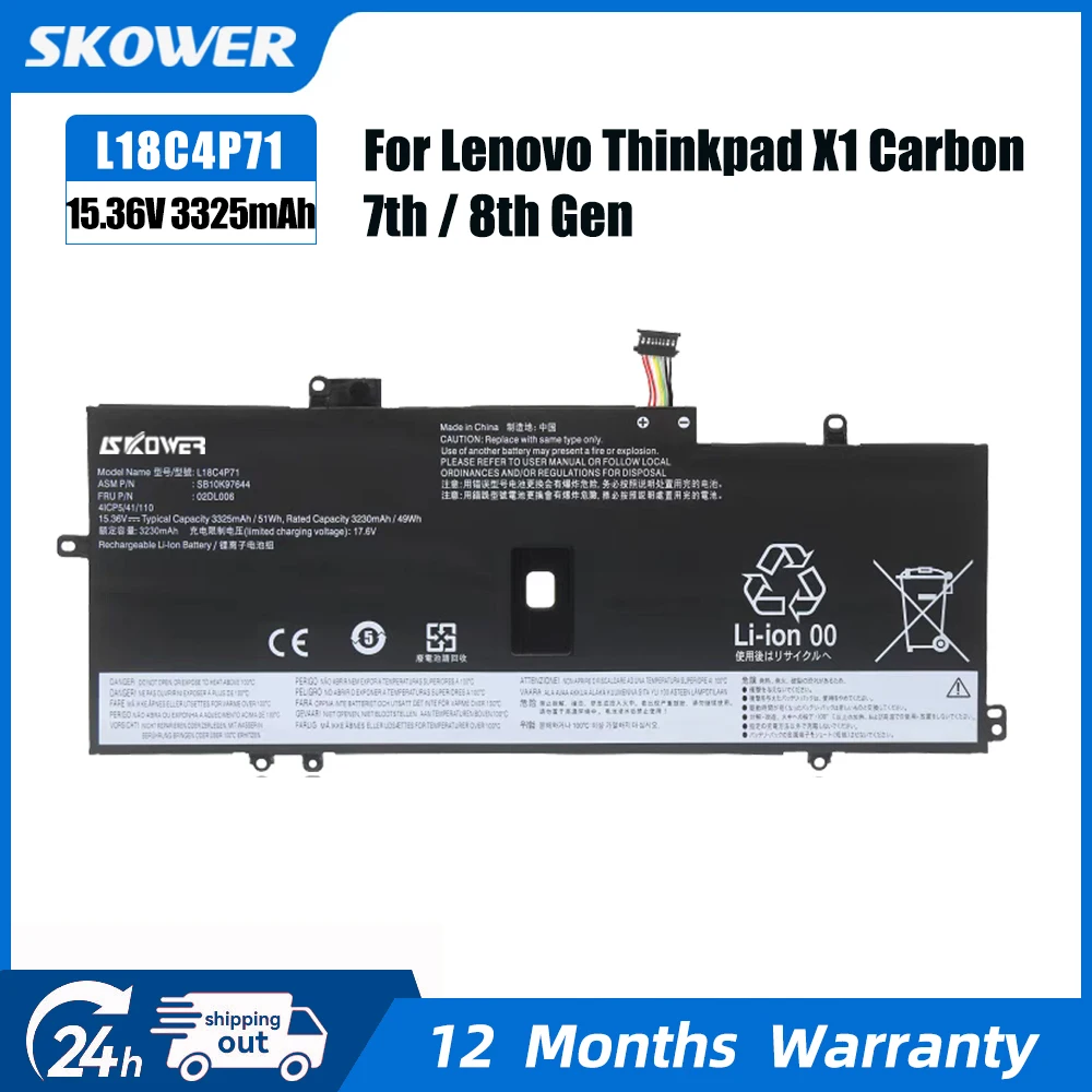SKOWER L18C4P71 batería del ordenador portátil para Lenovo Thinkpad X1 Carbon 7th 2019 2020 L18L4P71 SKB10K97642