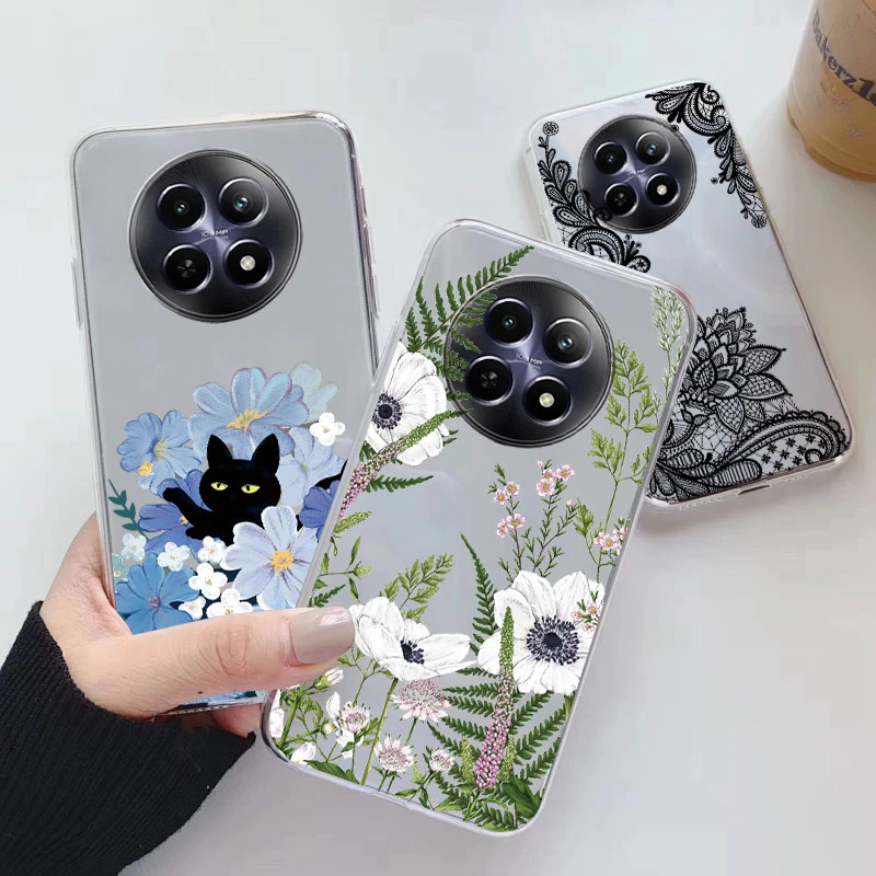 Para Realme 12 4G 12 + 13 + Plus 13 Pro + Plus 5G funda de moda flores pintadas funda de teléfono de silicona transparente Fundas divertido gato pareja