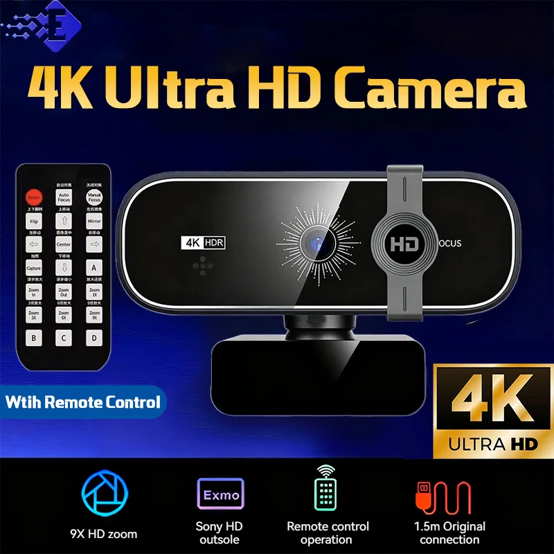 Cámara web 4K para PC con zoom automático, con Control remoto, cámara web con cubierta de privacidad con micrófono Plug & Play para ordenador portátil/escritorio, videollamadas