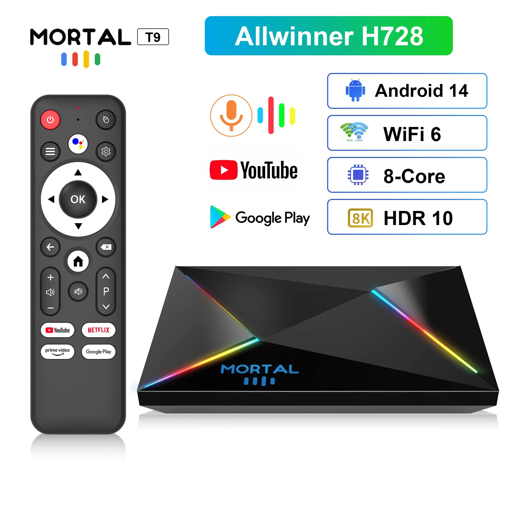 Android14 Streaming TV Box Wifi6 1000M Mortal T9 Smart 8K 4K cine en casa AllwinnerH728 Octa Core Netflix Bluetooth Chromecast