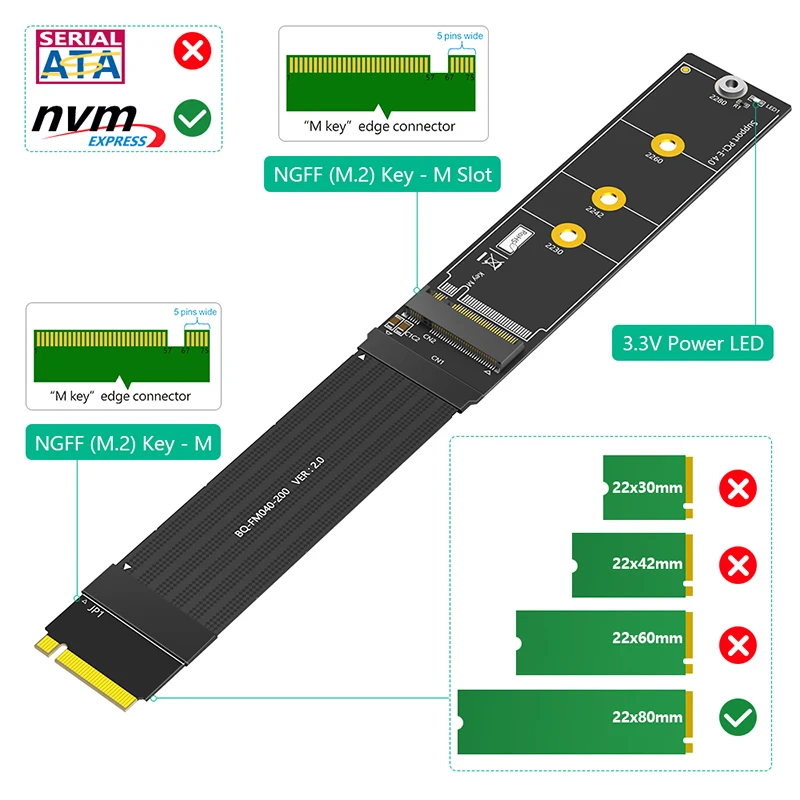 Cable de extensión M2 NVME SSD de 20CM, extensor de llave PCI Express 4,0 X4 M, soporte de 180 grados 2230 2242 2260 2280 PCI-E 4,0 NVME M.2 SSD - imagen 2