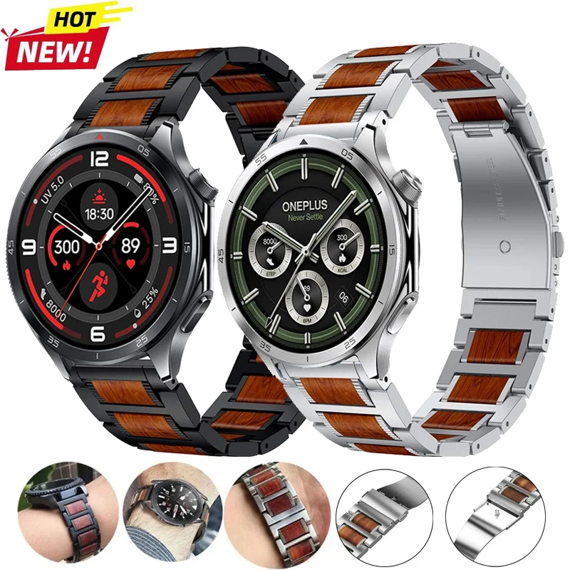 Correa de reloj de 22mm de acero inoxidable + madera para OnePlus Watch 3/2/2R/OnePlus, correa de 46mm para OPPO Watch X X2/OPPO Watch 4 Pro