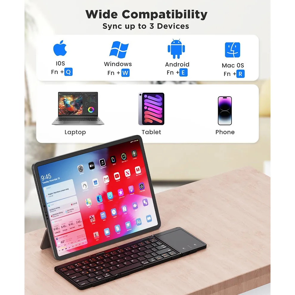 Teclado Bluetooth plegable con panel táctil, teclado de viaje inalámbrico, compatible con conexión multidispositivo, teclado portátil de tamaño completo - imagen 4