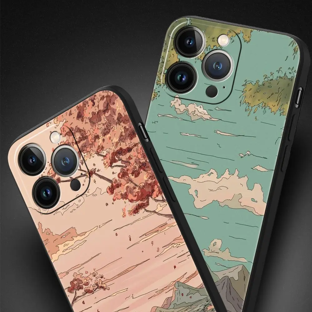 Funda de teléfono de lujo con paisaje de puesta de sol de Japón, cubierta protectora de silicona negra para iPhone 13, 15, 14, 12, 11 Pro MAX, XR, X, SE, XS, 7, 8 Plus - imagen 3