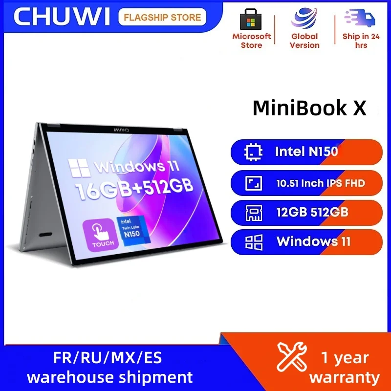 CHUWI MiniBook X Intel N150 10,51 pulgadas 2 en 1 tableta portátil 12GB LPDDR5 512G SSD Windows 11 portátiles Mini Notebook 2K FHD WiFii 6