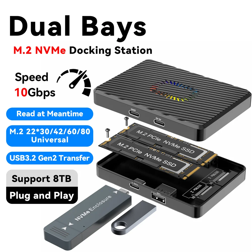 Funda SSD NVME M2 de doble bahía, 10G Uds., estación de acoplamiento NVMe, USB tipo C M.2, 22x30/42/60/80, caja SSD, adaptador de unidad de estado sólido