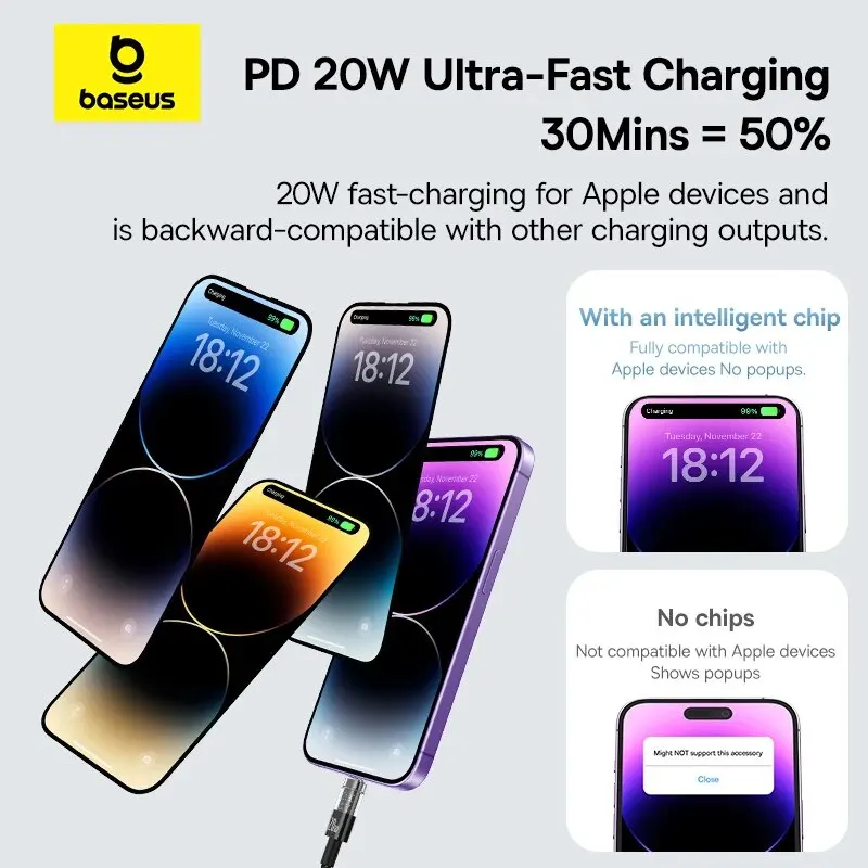 Cable Baseus USB C de 20W para iPhone 14 13 12 11 Pro Max Xs transparente tipo C PD 3,0 Cable de carga rápida Cable de USB-C para iPad - imagen 5