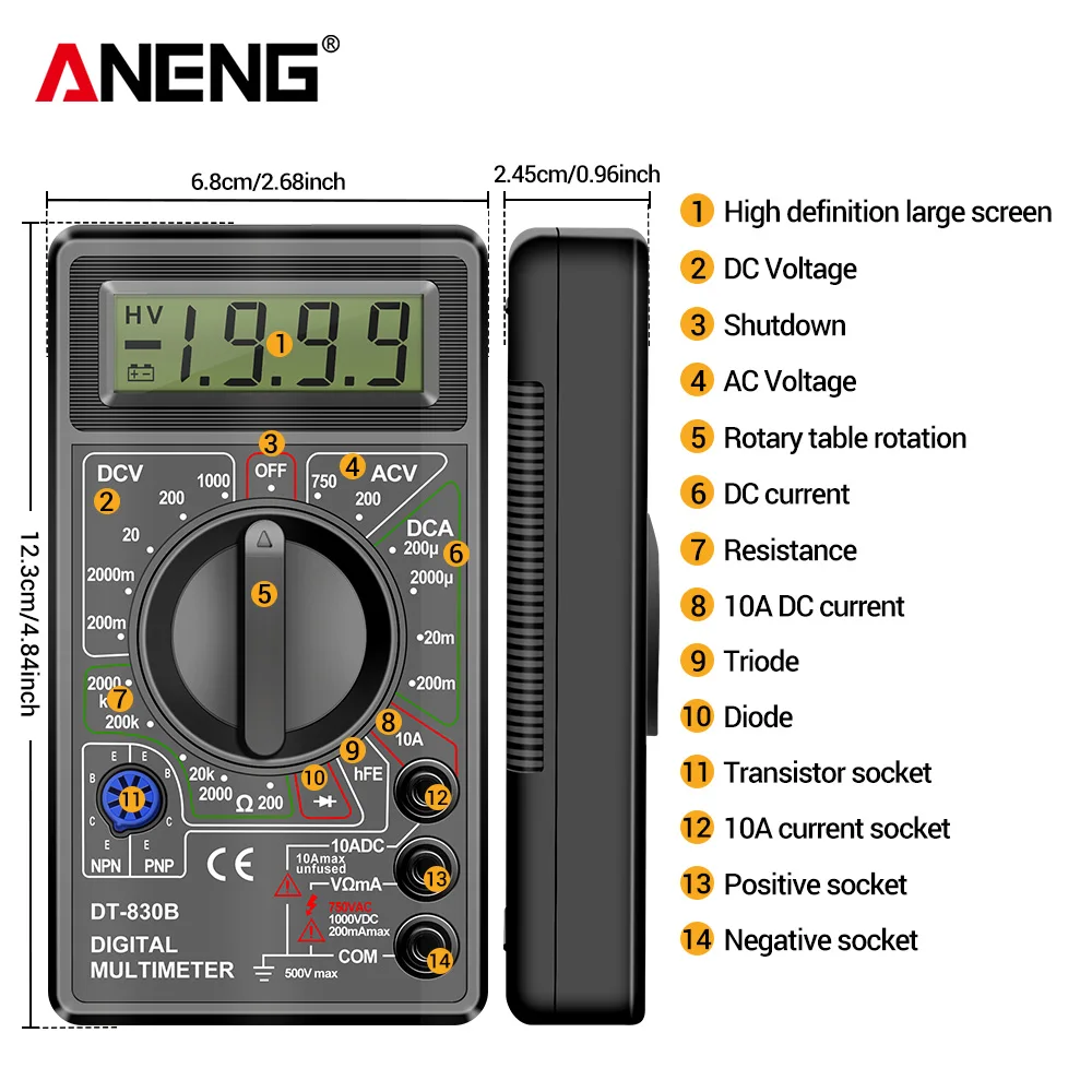 ANENG-multímetro Digital DT830B, herramienta profesional para electricista, medidor de voltaje CA/CC, diodo triodo de corriente CC, medidor portátil - imagen 5