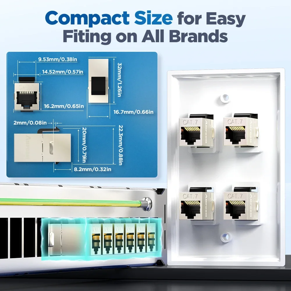 AMPCOM CAT7 RJ45 Acoplador en línea Keystone Jack, 10 Gbps Blindado Hembra a Hembra Inserto STP Ethernet directo - imagen 3