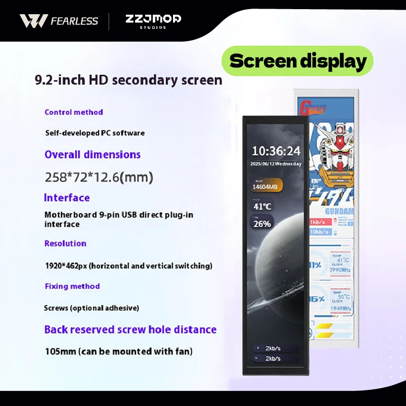 Pantalla ZZJMOD Pantalla secundaria Tema dinámico personalizado HD de 9,2 pulgadas sin AIDA ni tarjeta gráfica HDMI