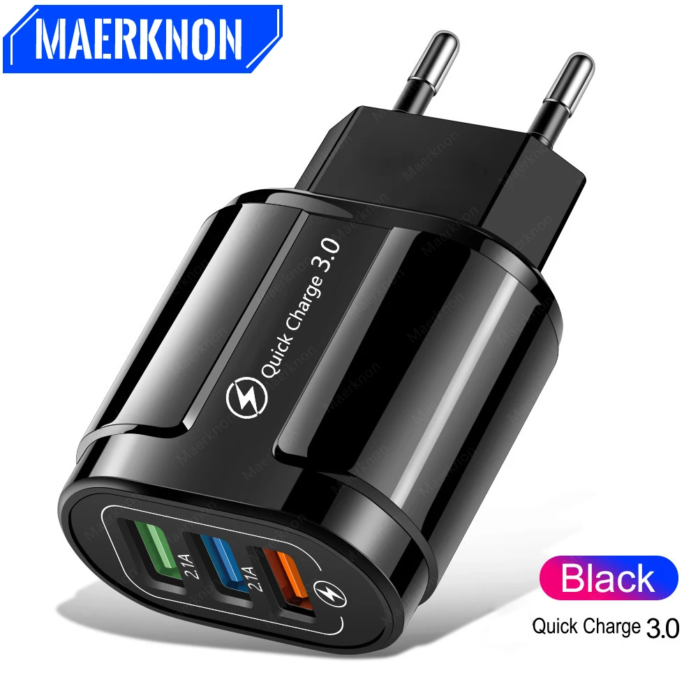 Cargador USB de 18W, adaptador de corriente para cargador de teléfono móvil 3,0 de carga rápida para iPhone, Samsung, Xiaomi, Huawei, cargador de enchufe UE/EE. UU. de 3 puertos