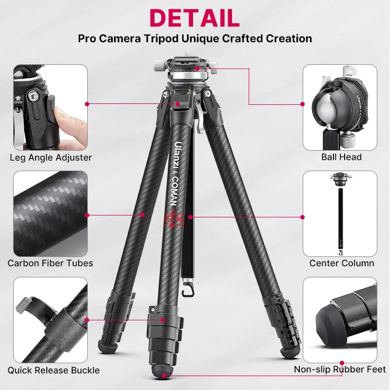Ulanzi y Coman Zero Y trípode de viaje de fotografía ligero profesional de fibra de carbono para cámara DSLR Canon Sony - imagen 3