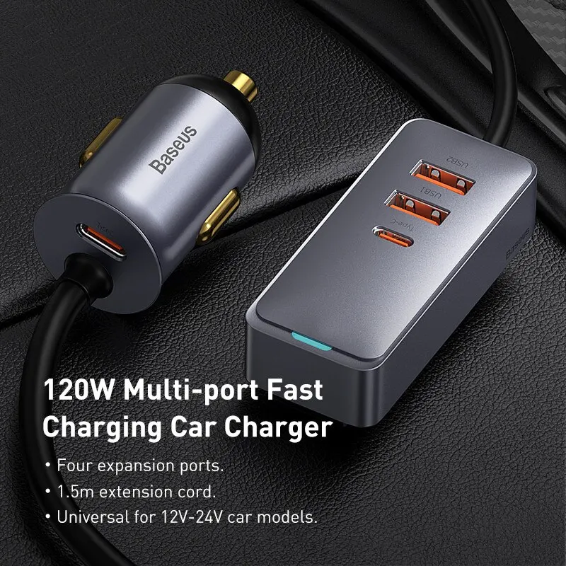 Baseus 120W 4 puertos PD cargador de coche cargador rápido QC 3,0 PD 3,0 para iPhone 14 13 12 Samsung tipo C cargador USB cargador de teléfono USB - imagen 4