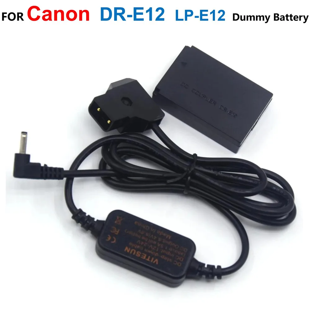 Batería ficticia de DR-E12 + LP-E12, Cable reductor de 12-24V a ACK-E12, adaptador Dtap para Canon EOS M M2 M10 M50 M100 M200
