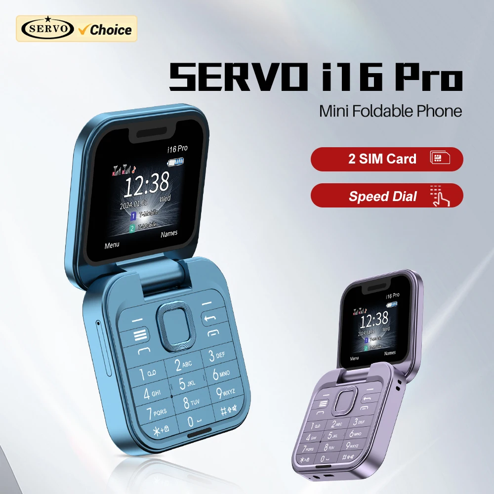 SERVO i16Pro Dual SIM Flip teléfono móvil pequeño registro de llamadas automático velocidad Dial voz mágica 1,77 "Mini teléfonos plegables desbloqueados 2G GSM