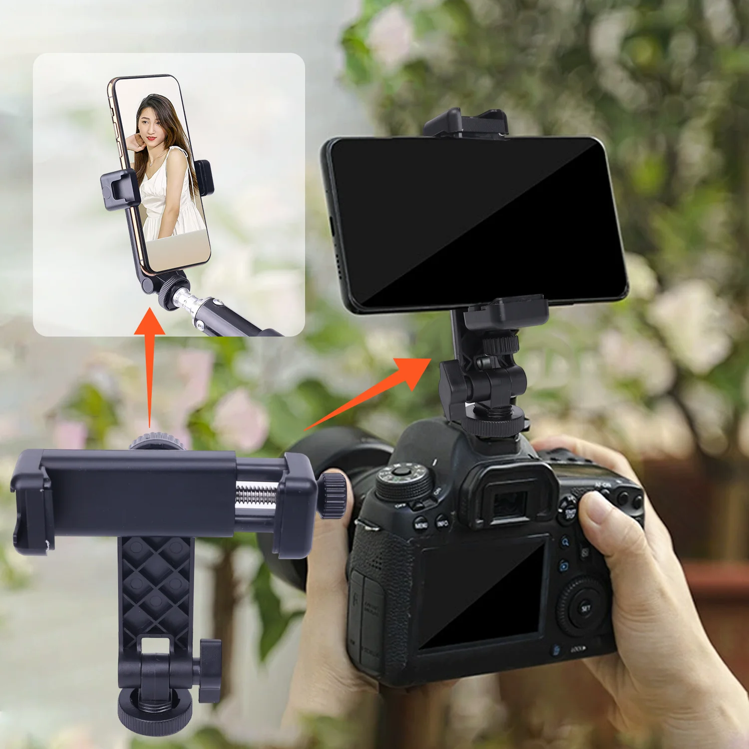Soporte para teléfono ajustable universal, 360 °   Adaptador de montaje con clip para teléfono con rotación para trípode, palo selfie, grabación de vídeo manos libres. - imagen 5
