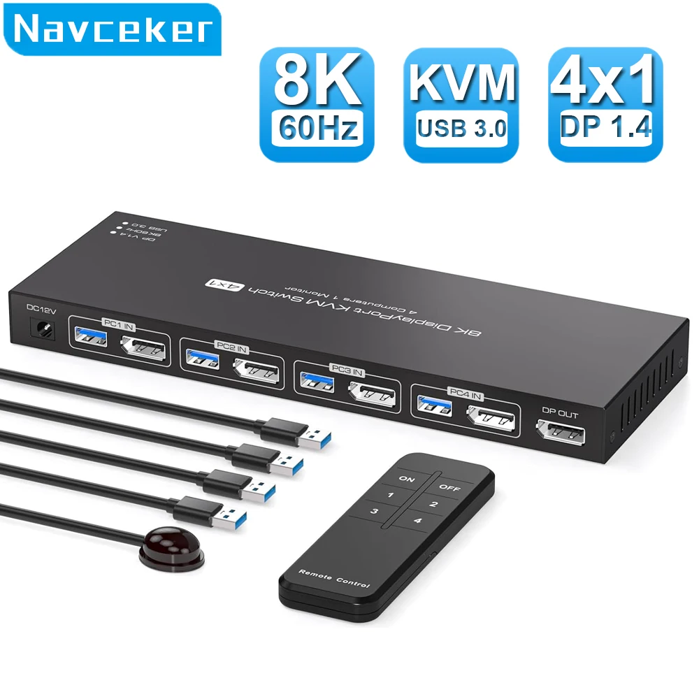 Navceker 8K Displayport KVM Switch 1 Monitores 4 Computadoras 4K 144Hz 4x1 DP USB 3.0 KVM Switch para 4 PC Compartir Teclado Ratón - imagen 2
