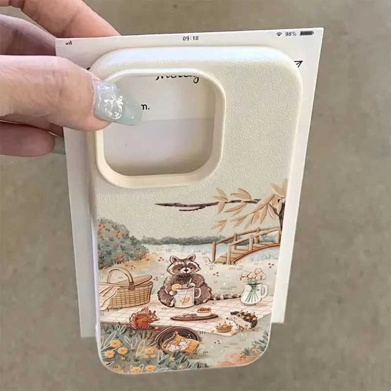 Funda de teléfono con dibujos de animales, oso, ardilla, para iPhone 17 Pro, 16, 15, 14, Plus, 13, 12, 11 Pro Max, funda de silicona suave con patrón de lichi de aire - imagen 3