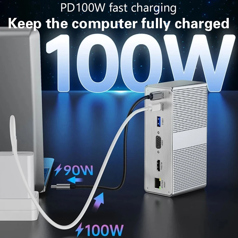 Estación de acoplamiento Vertical 13 en 1, estación de acoplamiento USB C de escritorio, HDMI 4K/Gigabit Ethernet/VGA 1080P/PD100W/USB3.0 para PC y portátil - imagen 2