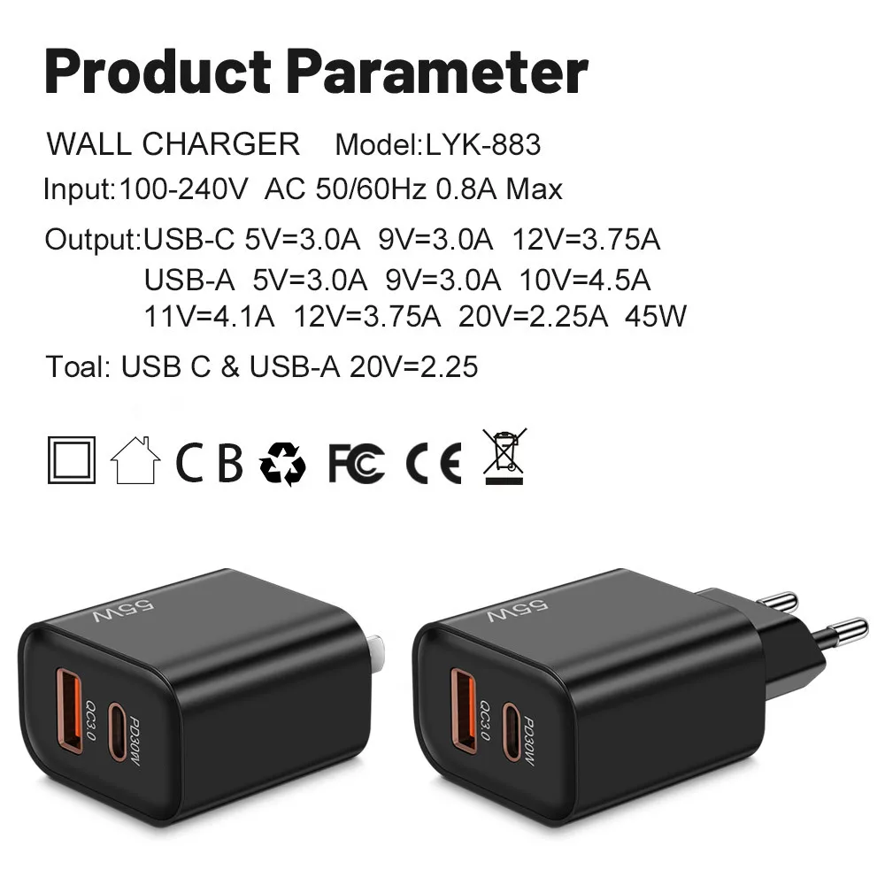 Total 55W USB C PD 30W cargador rápido para iPhone 15 14 13 Samsung Huawei Mate60 Nova Xiaomi OPPO POCO adaptador de corriente de carga rápida - imagen 2