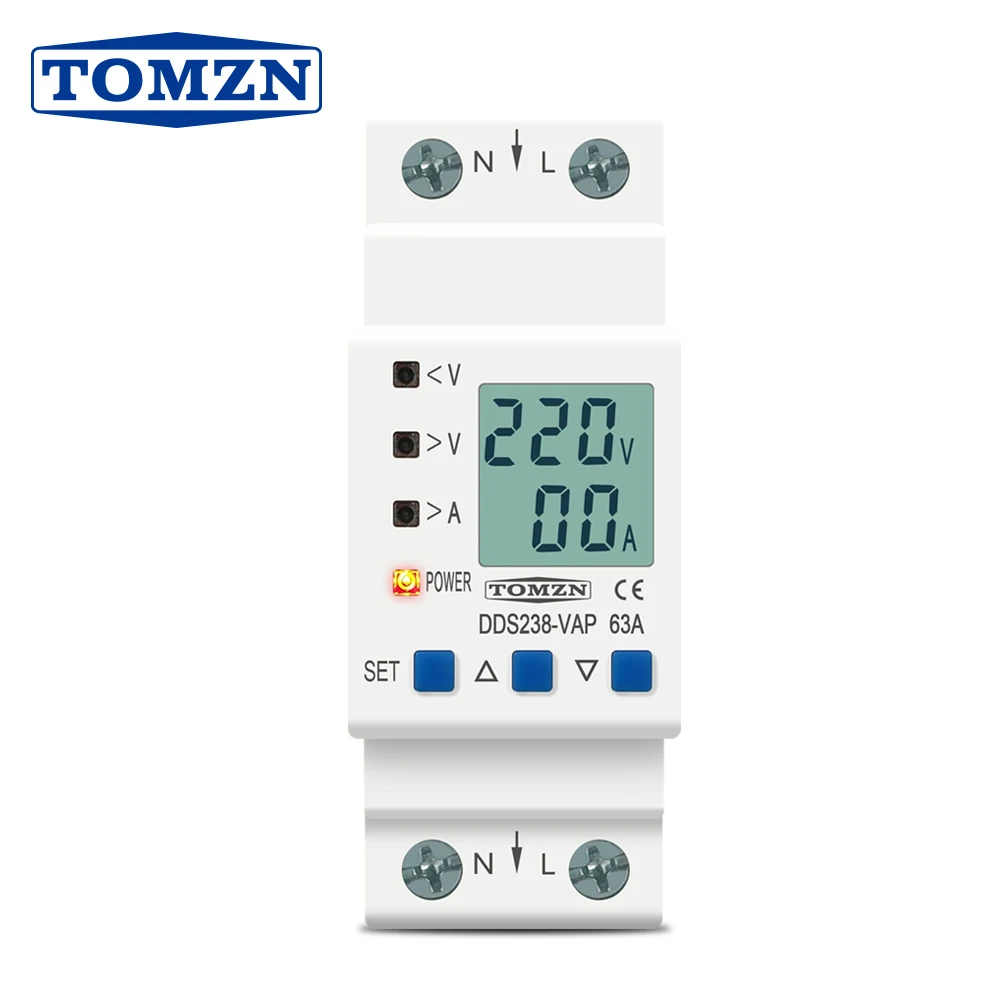 TOMZN-protector de relé de protección contra sobretensión ajustable, carril Din, protección de límite de corriente, voltímetro Kwh 63A 80A 110V 230V