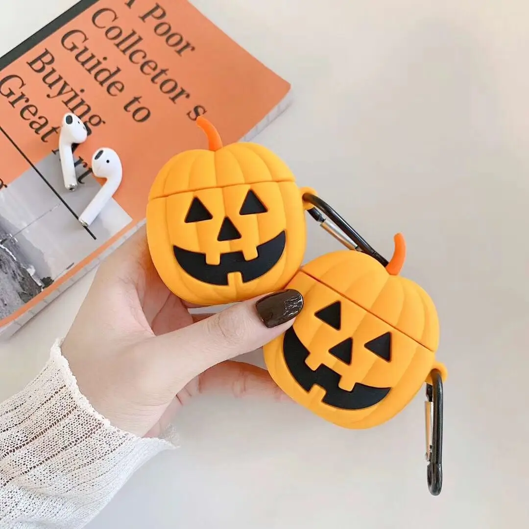 Funda protectora de silicona suave con diseño de calabaza de Halloween 3D para Airpods Pro 2, Funda para Airpods 1/2, Funda