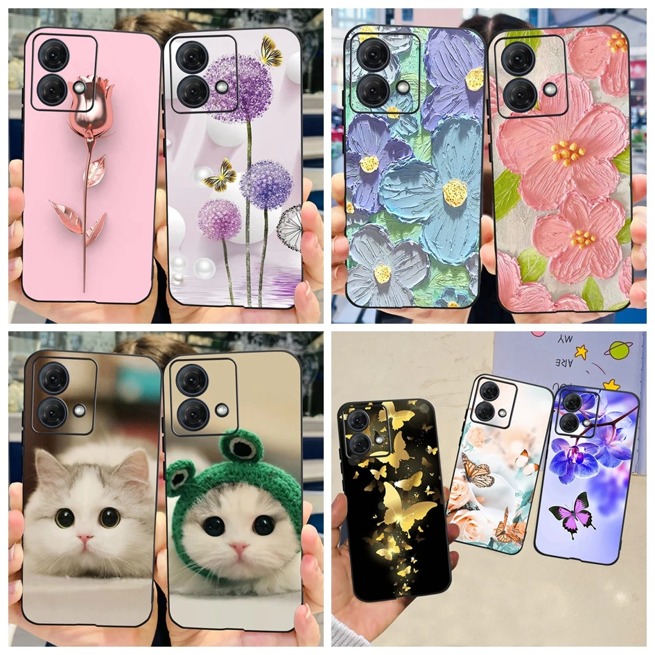 Funda de teléfono para Motorola Moto G84 5G, carcasa delgada de silicona suave, con estilo, mariposa y gato, color negro, 2023