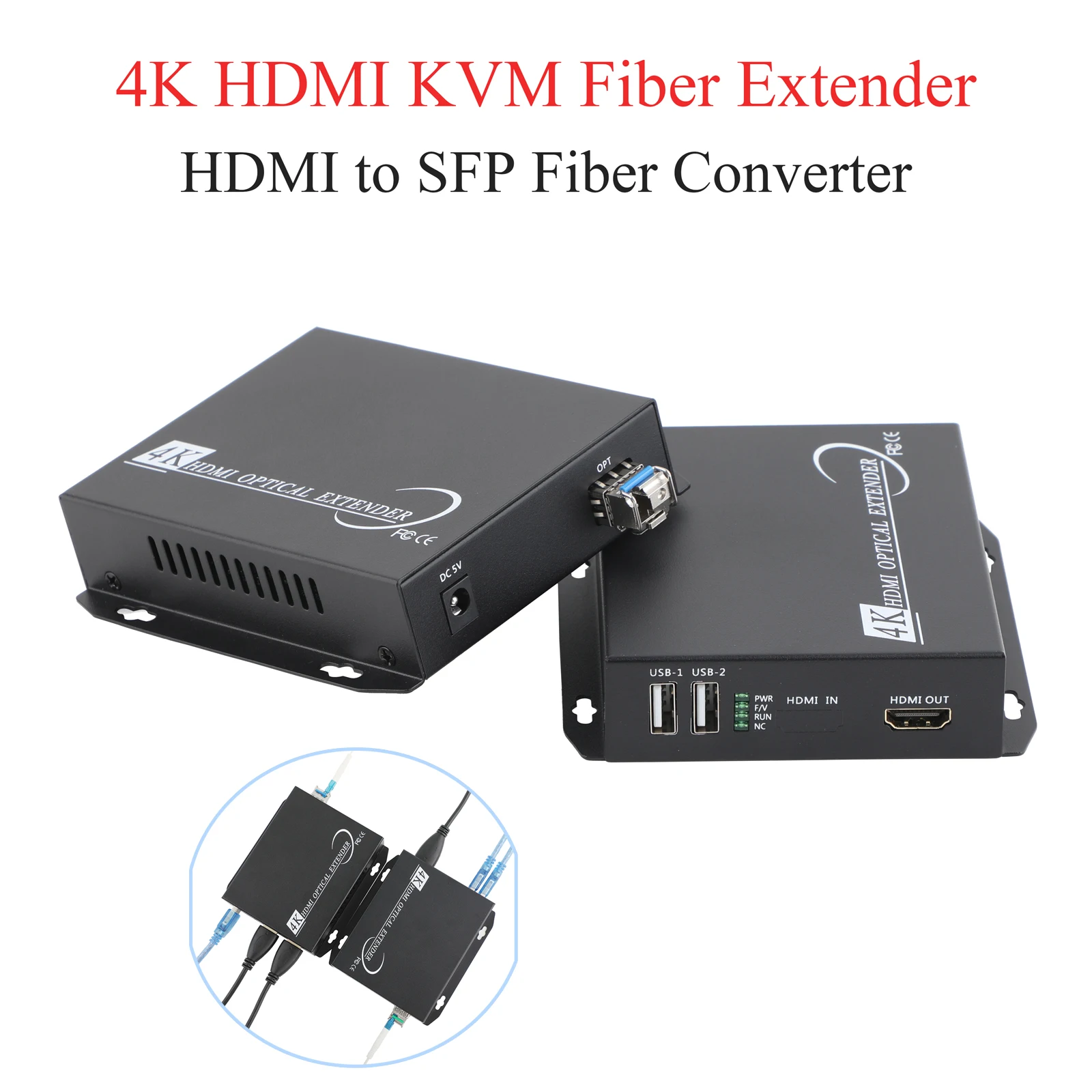 Convertidor de medios transceptor de fibra óptica 4K con módulo LC SFP (10 KM) - Ratón/teclado USB, audio/vídeo, alimentación de EE. UU./UE