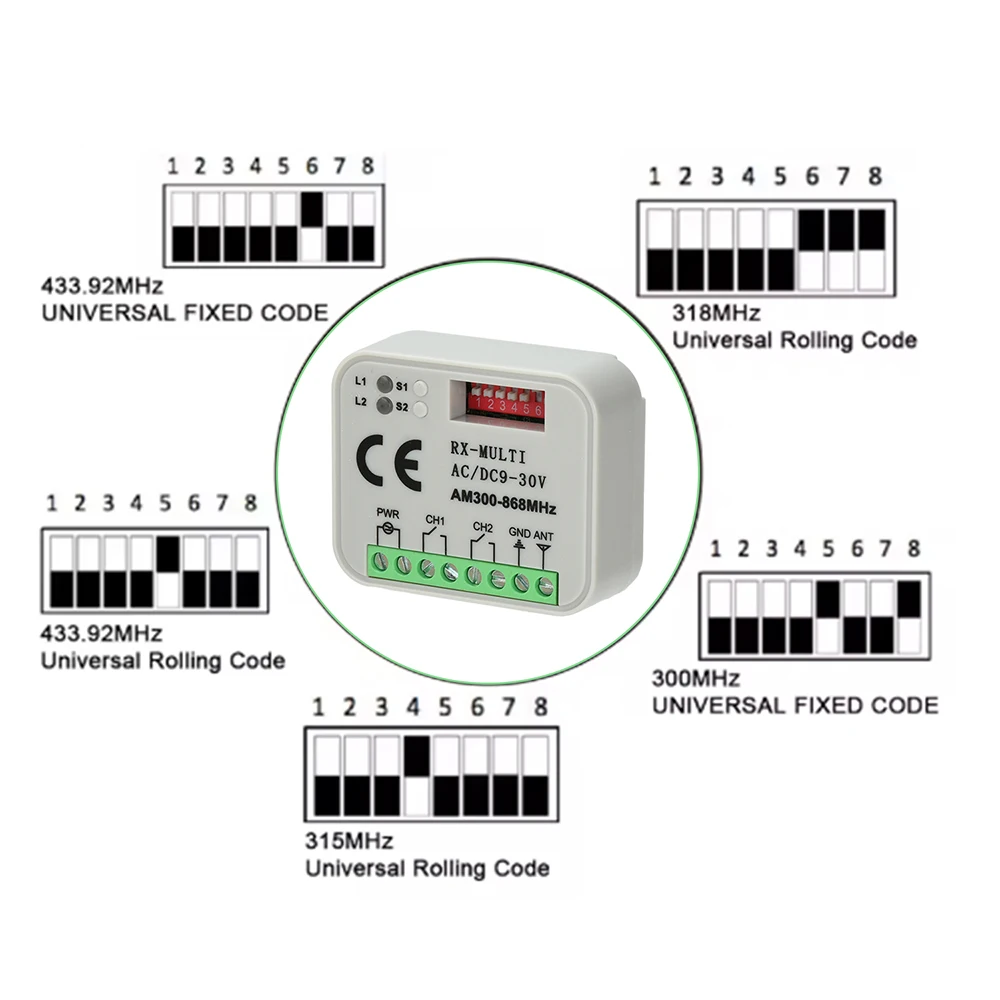 AC/DC 9 ~ 30V 300MHz ~ 868MHz Módulo de interruptor remoto inalámbrico de 2 canales receptor de señal RF interruptor bidireccional Universal ajustable - imagen 2
