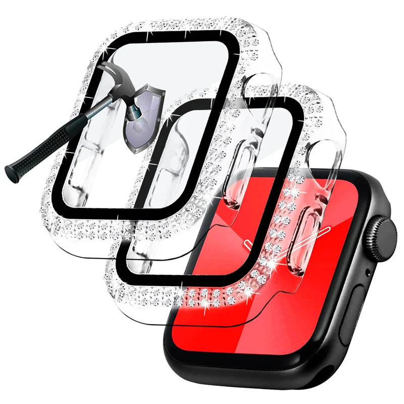 Cristal ostentoso de diamante + cubierta para Apple Watch 44mm 45mm 41mm 40mm 42mm 44mm parachoques + Protector de pantalla iwatch series 7 9 8 5 6 SE