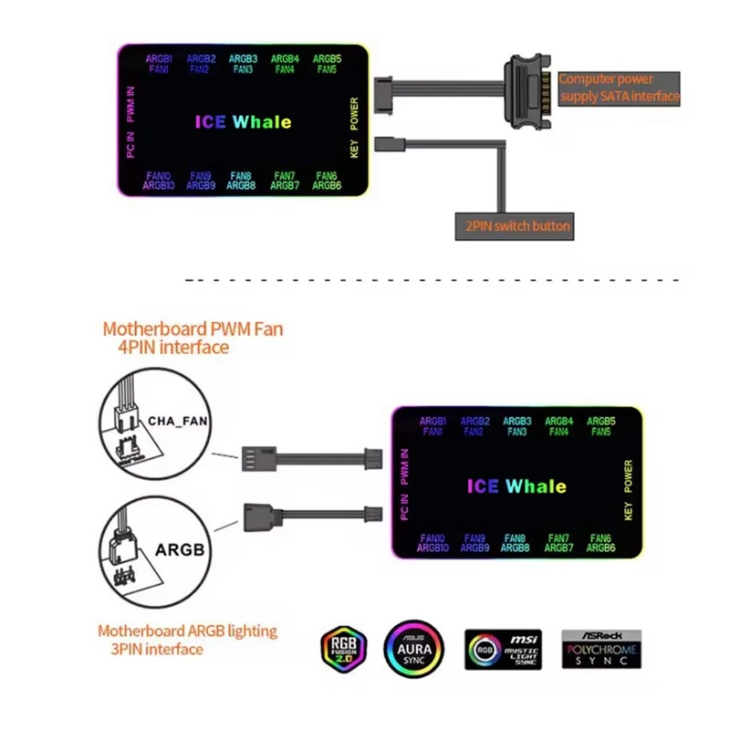 HUB ICE Whale C10 ARGB/PWM con controlador ARGB Adaptador HUB de ventilador 2 en 1 - imagen 4