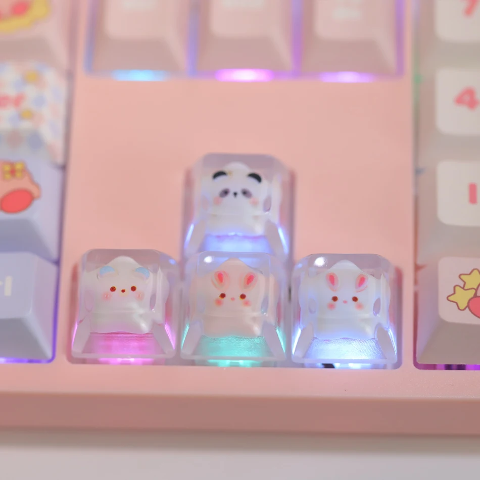 Teclas direccionales para teclado, teclas suplementadas de resina con retroiluminación de juego, conejo, Panda, estrella de cinco puntas, eje cruzado rosa, 4 Uds. - imagen 2